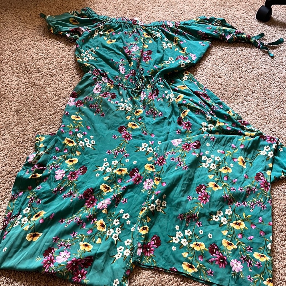 Teal floral off the shoulder wide leg jumpsuit
